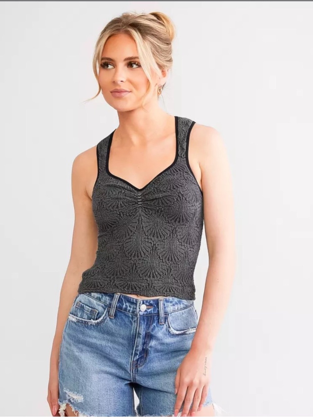 Free People Charcoal Textured Knit Deep V-Neck Camisole